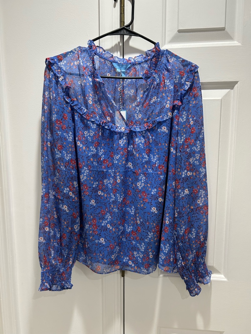 Draper James Blue Floral Ruffle-Neck Sheer Blouse